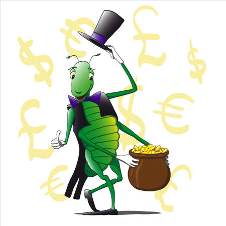 Grasshopper hat and suit holding a pot of moneyのイラスト素材