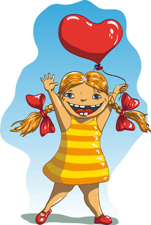 girl in a striped dress with a wide smile lifted her hands up and holding a balloon in the form of heartのイラスト素材