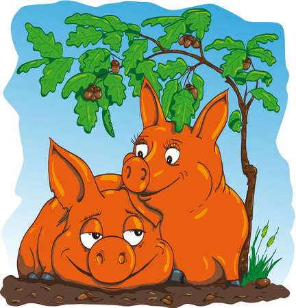 happy pigs are embraced under the oak acorns aroundのイラスト素材