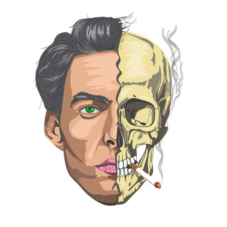 male face half a skull   smoking a cigaretteのイラスト素材
