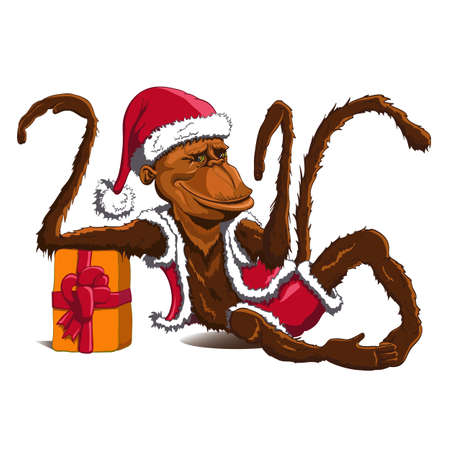 a monkey sitting in dressed as Santa Claus with a gift and a Happy New Year and Merry Christmas showing a yearのイラスト素材