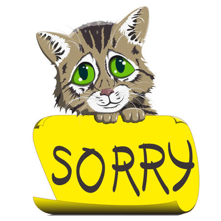 small kitten sits and asks for forgiveness, holding a piece of paper with an inscription  - sorryのイラスト素材