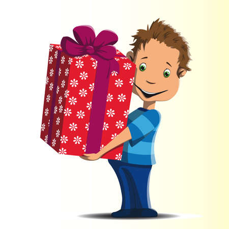 Little boy is holding a big gift tied with a red ribbonのイラスト素材