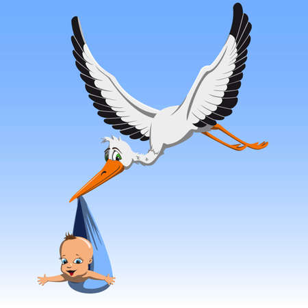 Cartoon cute stork carrying a child in a beak to parentsのイラスト素材
