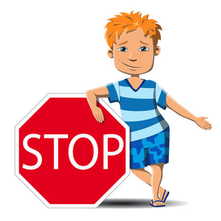 the blond boy leans on the stop sign, stops you and offers you to choose the goodsのイラスト素材