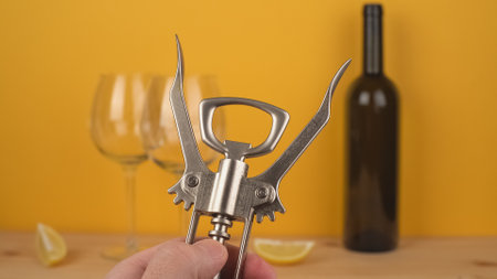 a man holds a corkscrew in his hand to open the wine
