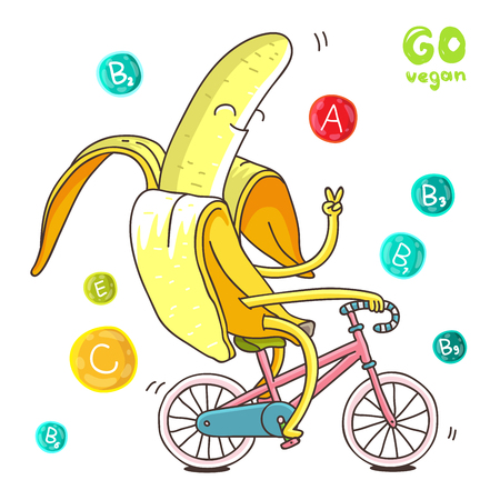 Cute and funny banana rides a bicycle. illustration on white background. Vitamins.のイラスト素材