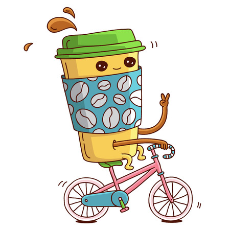 Cute and cheerful cup of coffee on a pink bike rides. illustration on white background.のイラスト素材