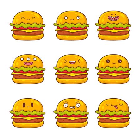 Cute and funny hamburger with different emotions on a white background. illustration drawn by hand.のイラスト素材