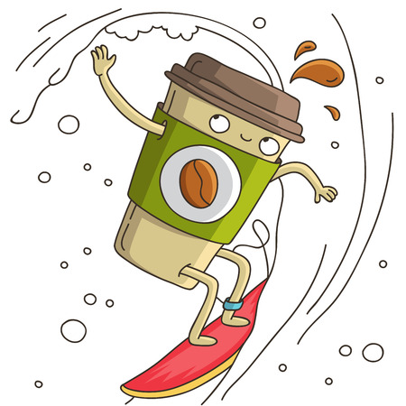 Cute and cheerful cup of coffee surf. illustration on white background.のイラスト素材