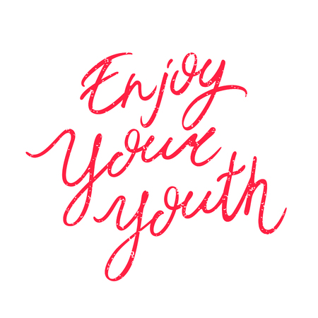 Lettering. Enjoy your youth. Red letters on a white background. Excellent print on a T-shirt. Vector illustration drawn by hand.のイラスト素材