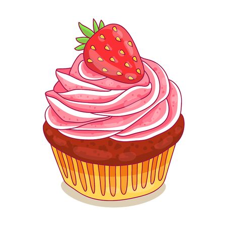 Chocolate Cake with strawberries and muffin pink cream. illustration drawn by hand.のイラスト素材