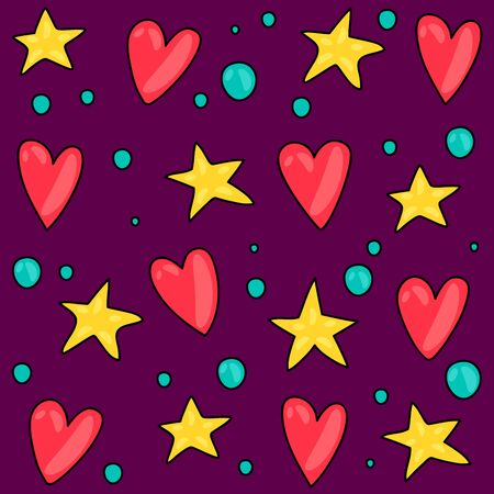 Seamless abstract vector pattern of hearts and stars on a purple background.のイラスト素材