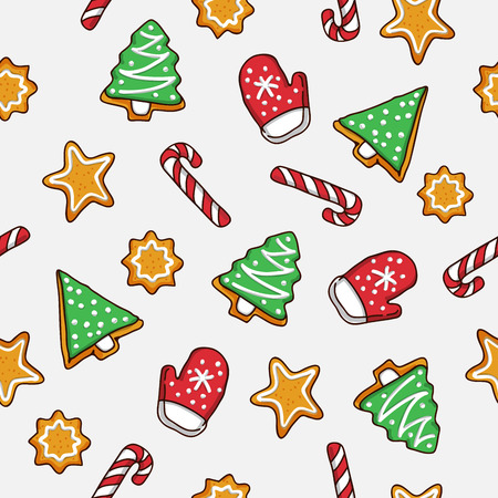 Seamless pattern of icon Christmas candy and cookies on a gray background, hand-drawn.のイラスト素材