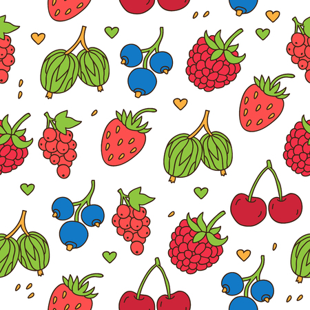 Seamless pattern of different colored berries on a white background, hand-drawn.のイラスト素材