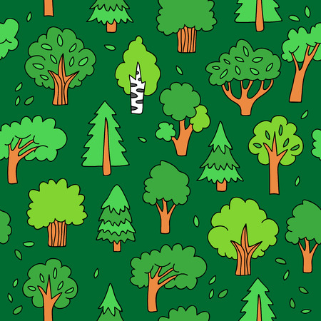 Seamless vector pattern of different colored trees on a green background, painted by hand.のイラスト素材