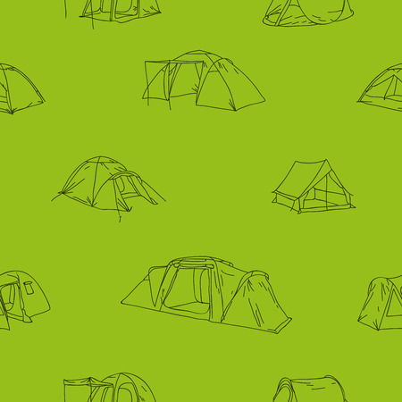 Seamless vector pattern of tourist tents on a green background, painted by hand.のイラスト素材