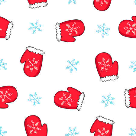 Seamless vector pattern of red mittens and blue snowflakes on a white background, hand-drawn.のイラスト素材
