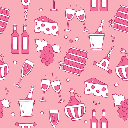 Seamless vector pattern of wine icons on a pink background, painted by hand.のイラスト素材