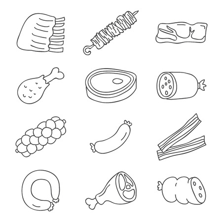 Meat. Vector icons on a white background, hand-drawn.のイラスト素材