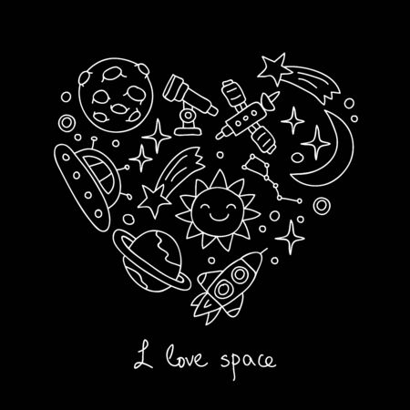 Space. Icons in the shape of a heart. The inscription "I love the space." Vector illustration on white background.のイラスト素材