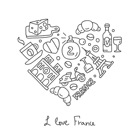 France. Icons in the shape of a heart. The inscription "I love France." Vector illustration on white background.のイラスト素材