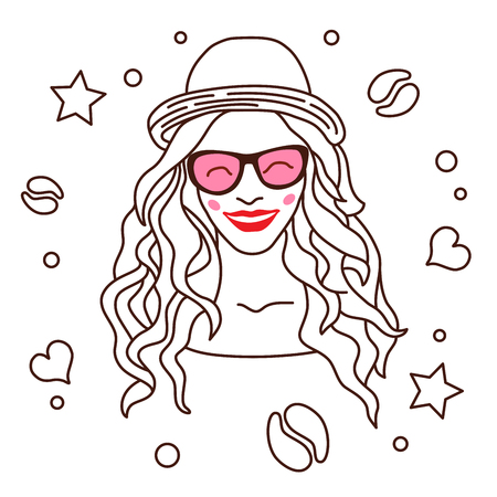 Beautiful girl with long hair, wearing a hat, pink glasses. Vector illustration on white background.のイラスト素材