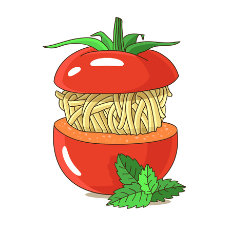 Spaghetti in tomato decorated with basil leaves. Vector illustration on white background.のイラスト素材