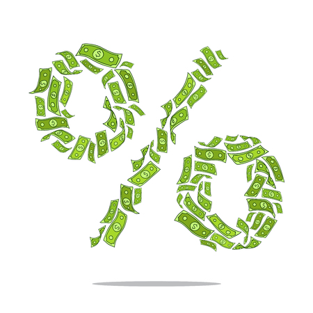 Sign of percent in the form of flying greenback. Vector illustration on white background.のイラスト素材