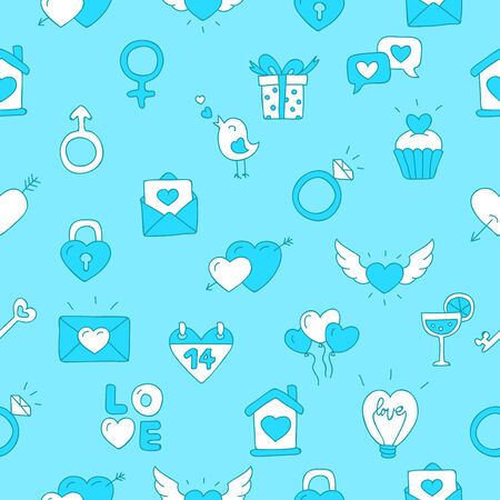 Seamless vector pattern of icon Valentine's Day on a blue background.のイラスト素材