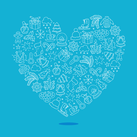 Winter icons in the form of a large heart. Vector illustration on a blue background.のイラスト素材