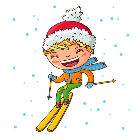 Little cheerful boy skiing in the winter. Vector illustration on white background.のイラスト素材
