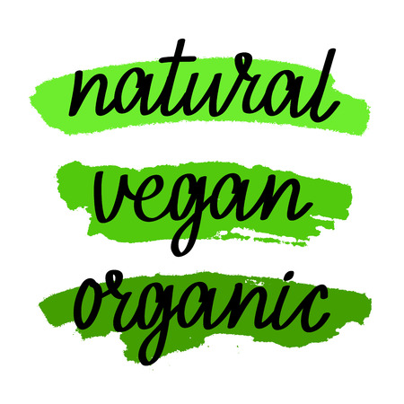 The word "natural", "vegan", "organic", drawn in ink by hand. Modern brush. Calligraphy.のイラスト素材