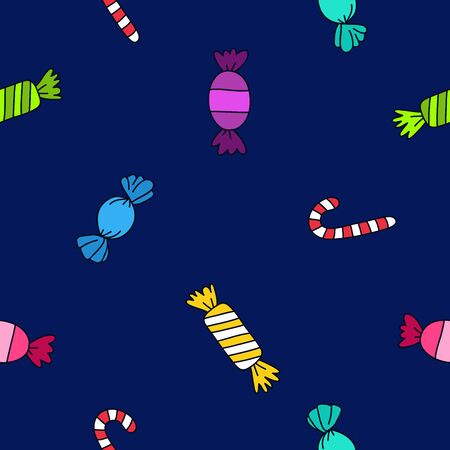 Seamless vector pattern of different candies on a blue background.のイラスト素材