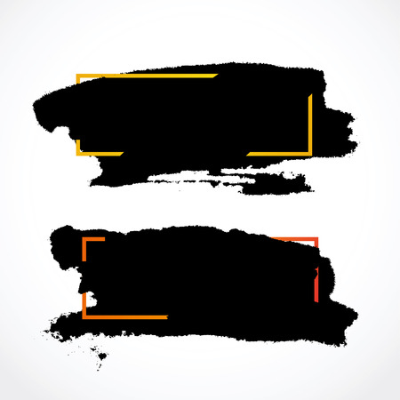 Smear ink brush gold rectangular frame. Fashionable design. Vector illustration on white-gray background, painted by hand.のイラスト素材