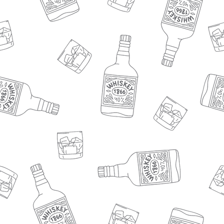 Seamless vector pattern of the bottles and glasses of strong alcohol Whiskey on a white background.のイラスト素材