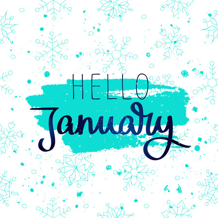 Quote Hello January. The trend calligraphy. Vector illustration on white background with blue ink smear and snowflakes. Great holiday gift card.のイラスト素材