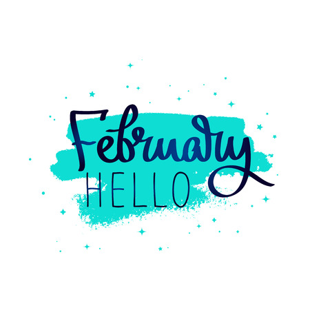 Quote Hello February. The trend calligraphy. Vector illustration on white background with a smear of ink blue. Great holiday gift card.のイラスト素材
