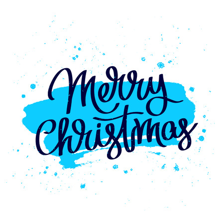 Quote Merry Christmas. The trend calligraphy. Vector illustration on white background with a smear of ink blue. Great holiday gift card for the new year.のイラスト素材