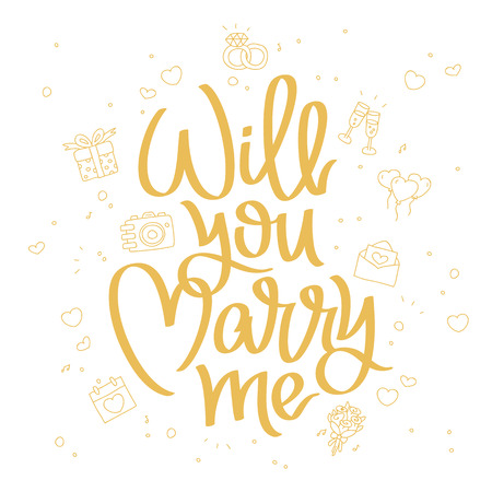 Will you marry me. The trend calligraphy. Vector illustration on white background. Conceptual wedding card. Elements for design.のイラスト素材