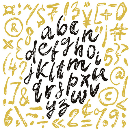 Vector alphabet. Hand drawn letters. Letters of the alphabet written with a brush. Black and gold on white background. Brush painted letters.のイラスト素材