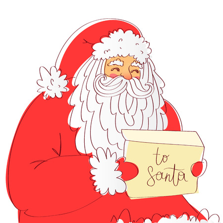 Santa Claus reads the letter. Excellent New Year's gift card. Vector illustration on white background.のイラスト素材