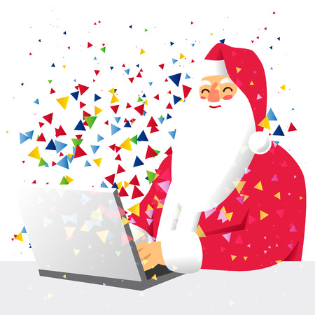 Santa Claus writing a letter on the laptop. Excellent New Year's gift card. Vector illustration on white background.のイラスト素材