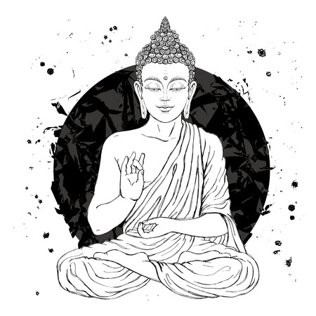 Seated Buddha in the lotus position. Vector illustration on white background with a smear of ink black. The esoteric concept. The spiritual art. Thai god. Excellent ethnic print on a T-shirt.のイラスト素材