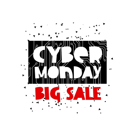 Cyber ??Monday Sale. Vector illustration on black circuit electronic board background. Concept sale black friday, shopping and discounts.のイラスト素材