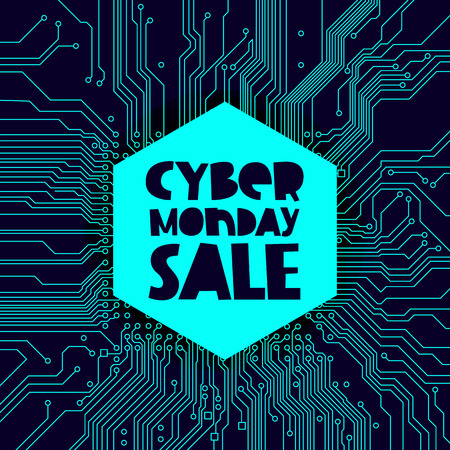 Cyber ??Monday Sale. Vector illustration on blue circuit electronic board background. Concept sale black friday, shopping and discounts.のイラスト素材