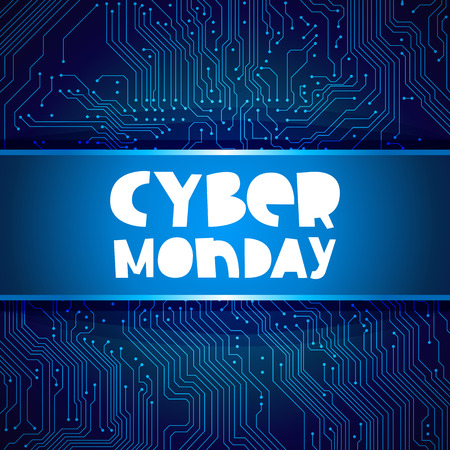 Cyber ??Monday. Vector illustration on blue circuit electronic board background. Concept sale black friday, shopping and discounts.のイラスト素材