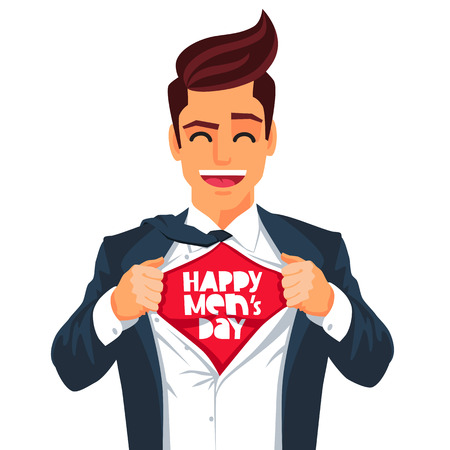 Handsome young man in a business suit wearing a tie with a white shirt. Vector illustration on white background. The concept of a successful businessman. Hero, ripping off his shirt. Quote Happy Men's Day.のイラスト素材