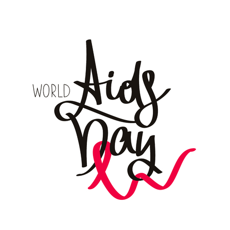 World AIDS Day. The trend calligraphy. Vector illustration on white background. Red ribbon. Concept postcards awareness about AIDS.のイラスト素材