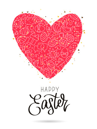 Happy easter. Big red heart with Easter icons. The trend calligraphy.のイラスト素材